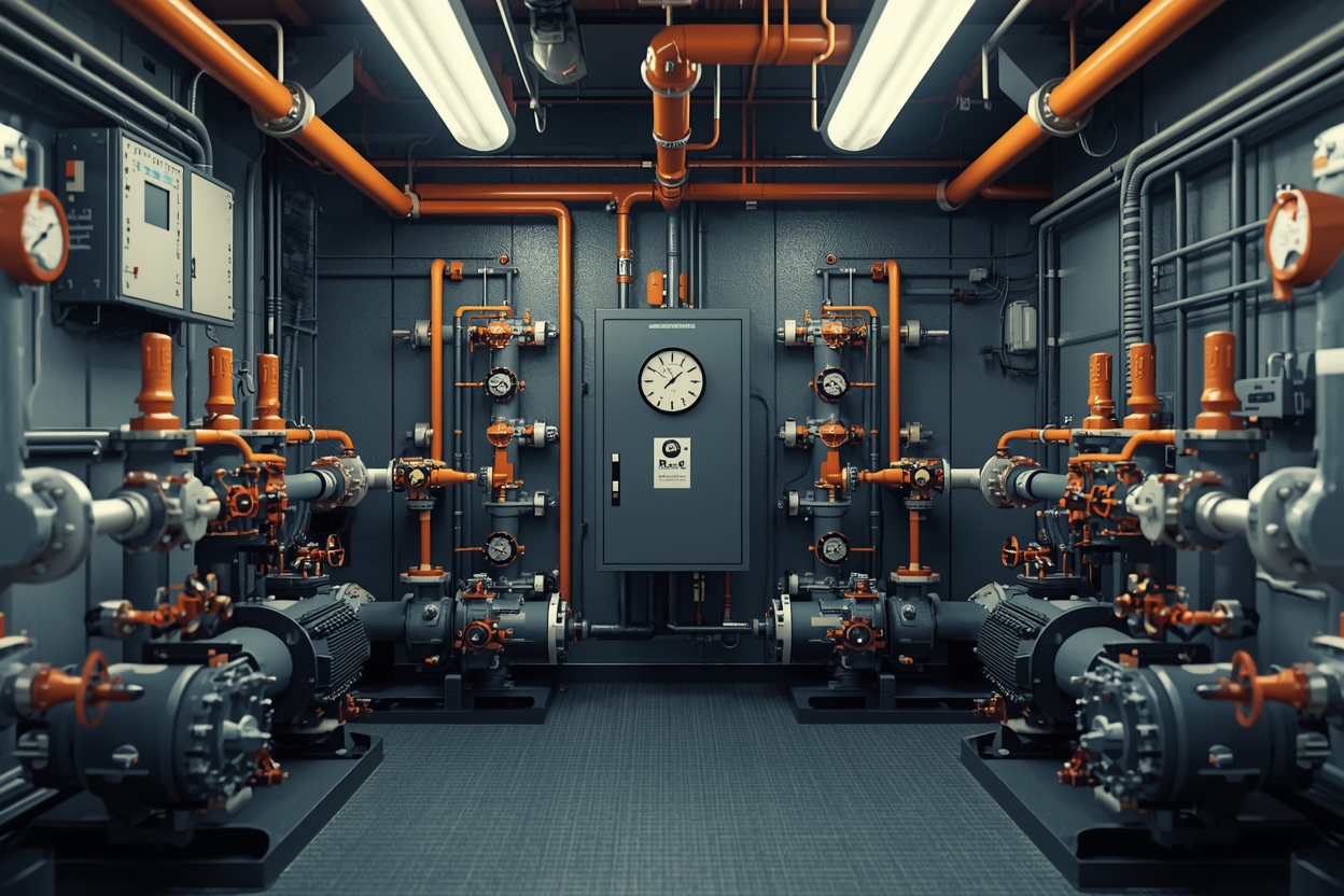 Тепловой пункт: насосы, регулирующие клапаны и шкаф автоматики