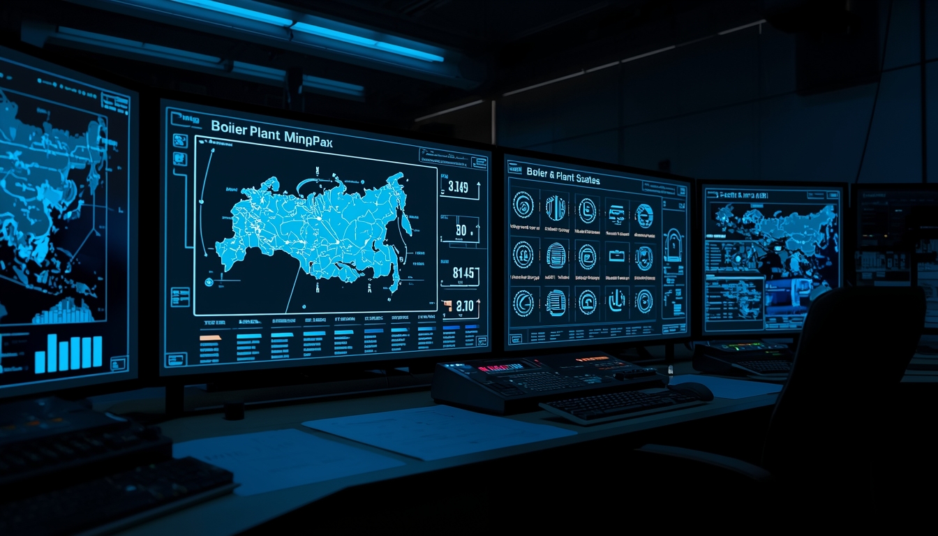 Операторская панель SCADA с мнемосхемой котельной: отображение параметров и состояния оборудования